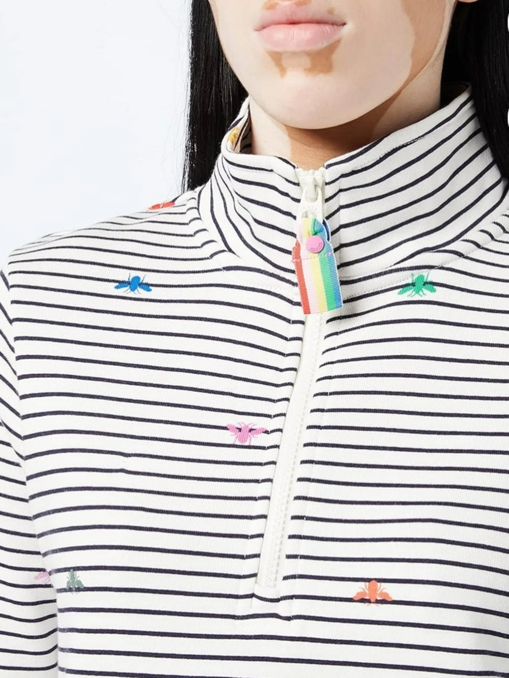 Joules White Navy Stripe Half-Zip Sweatshirt with Multicolor Embroidery